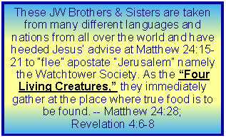 Text Box: These JW Brothers & Sisters are taken from many different languages and nations from all over the world and have heeded Jesus advise at Matthew 24:15-21 to flee apostate Jerusalem namely the Watchtower Society. As the Four Living Creatures, they immediately gather at the place where true food is to be found. -- Matthew 24:28;Revelation 4:6-8